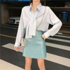 Mock Two-piece Shirt / Faux Leather A-line Mini Skirt / Set