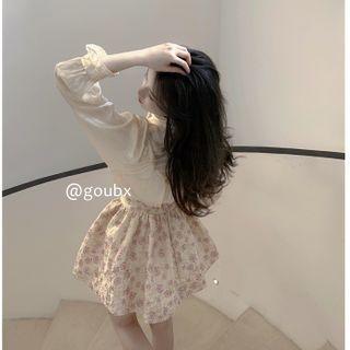 Ruffle Trim Blouse / Floral Mini A-line Skirt