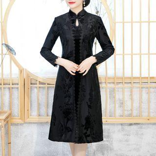 Set: Sleeveless Velvet Mini Qipao + Lace Trim Open Front Jacket