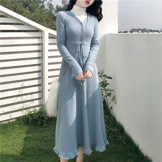 Long-sleeve Midi A-line Dress Blue - One Size