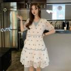 Short-sleeve Dotted A-line Dress Blue Flower - White - One Size