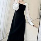 Long-sleeve Square-neck Two-tone Midi Dress