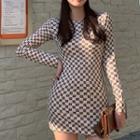 Long-sleeve Checker Print Sheath Dress Black & White - One Size