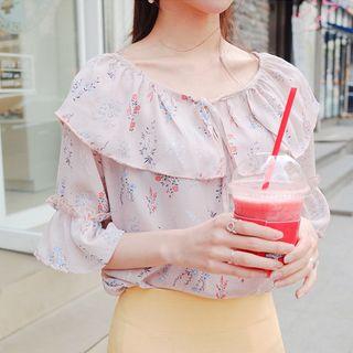 Ruffled Elbow-sleeve Chiffon Top