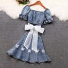 Set: Short-sleeve Denim Crop Top + Mini Skirt Set - Light Blue - One Size