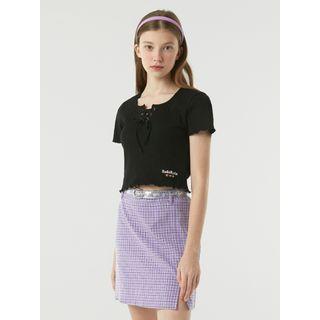 Drawstring Ribbed Cropped T-shirt Black - One Size