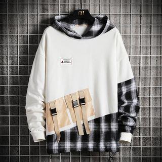 Mock Two-piece Plaid Trim Buckled Hoodie