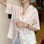 Elbow-sleeve Printed Shirt Pink & White - One Size