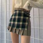 Plaid Panel Buckled A-line Skirt