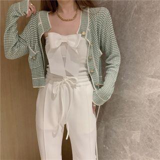 Bow Tube Top / Wide Leg Pants / Gingham Cardigan
