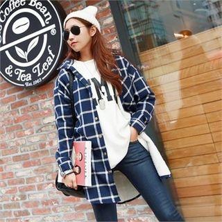 Lettering-back Plaid Fleece-lined Shirt Dress