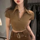 Short-sleeve Lapel Cropped Top Coffee - One Size