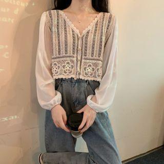 V-neck Striped Crochet Panel Cropped Blouse