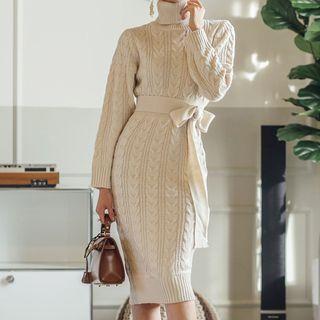 Cable Knit Turtleneck Sweater Dress Beige - One Size