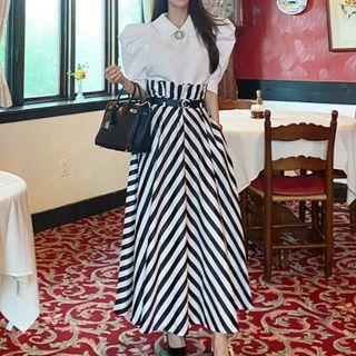 Set: Puff-sleeve Shirt + Striped Maxi A-line Dress