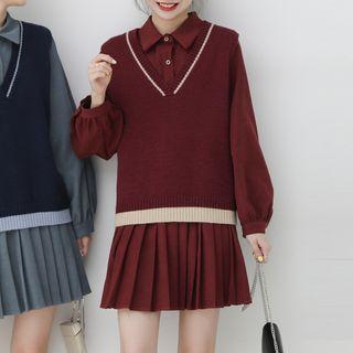 Set: Puff-sleeve Pleated Dress + Sweater Vest