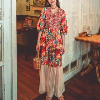 Puff-sleeve Flower Print Mesh Panel Maxi A-line Dress