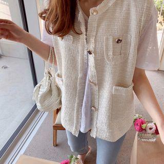 Button-trim Tweed Vest Ivory - One Size