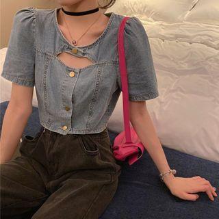 Short-sleeve Buttoned Denim Top As Shown In Figure - One Size