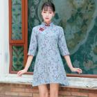 Traditional Chinese 3/4-sleeve Floral A-line Mini Dress