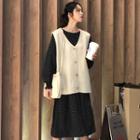 Long-sleeve Dotted Midi Shirt Dress / Knit Vest