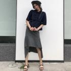 Elbow-sleeve Shirred Blouse / Irregular High-low A-line Skirt