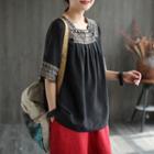 Embroidered Elbow-sleeve Linen T-shirt