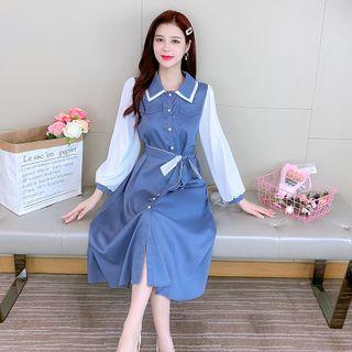 Long-sleeve Two-tone Midi Shirtdress