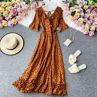 Ruffled Short-sleeve Chiffon Maxi Dress