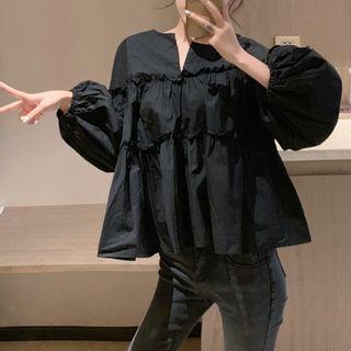 Ruffle Trim Puff-sleeve Blouse Black - One Size