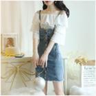 Set: Off-shoulder Ruffle Blouse + Denim Jumper Skirt