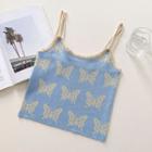 Two-tone Print Knit Sleeveless Top Blue - One Size