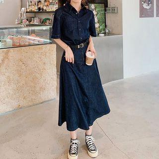 Set: Elbow-sleeve Denim Shirt + Midi A-line Skirt