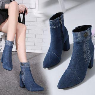 Pointy Toe Chunky Heel Denim Short Boots