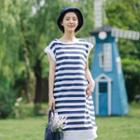 Striped Cap-sleeve Midi T-shirt Dress