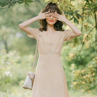 Short-sleeve Gingham V-neck A-line Dress
