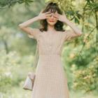 Short-sleeve Gingham V-neck A-line Dress
