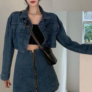 Cropped Denim Jacket / Zip Mini Pencil Skirt