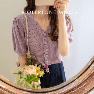 Scallop-trim Pointelle-knit Cropped Cardigan