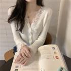 V-neck Lace Panel Knit Cardigan White - One Size