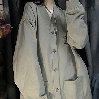 Long-sleeve V-neck Lettering Button-up Oversized Jacket