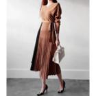 V-neck Contrast-trim Pleated-hem Knit Dress Beige - One Size