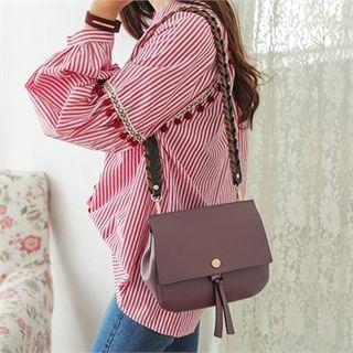 Braided-strap Flap Shoulder Bag Dark Violet - One Size
