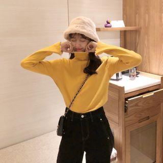 Semi High-neck Long-sleeve Ruffled-trim Top