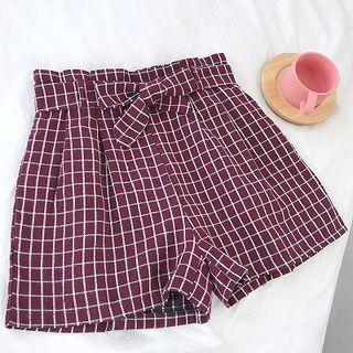 Ribbon Lace-up Plaid High-waist Wide-leg Pants