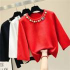 Elbow-sleeve Embellished Knit Top