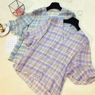 Plaid Short-sleeve V-neck Chiffon Blouse