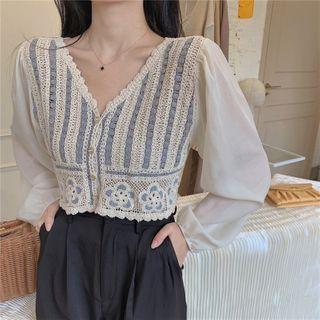 Puff-sleeve V-neck Blouse As Figure - One Size