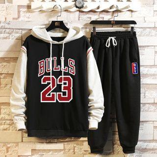 Set: Mock Two Piece Lettering Hoodie + High-waist Drawstring Applique Sweatpants