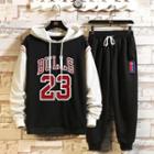 Set: Mock Two Piece Lettering Hoodie + High-waist Drawstring Applique Sweatpants